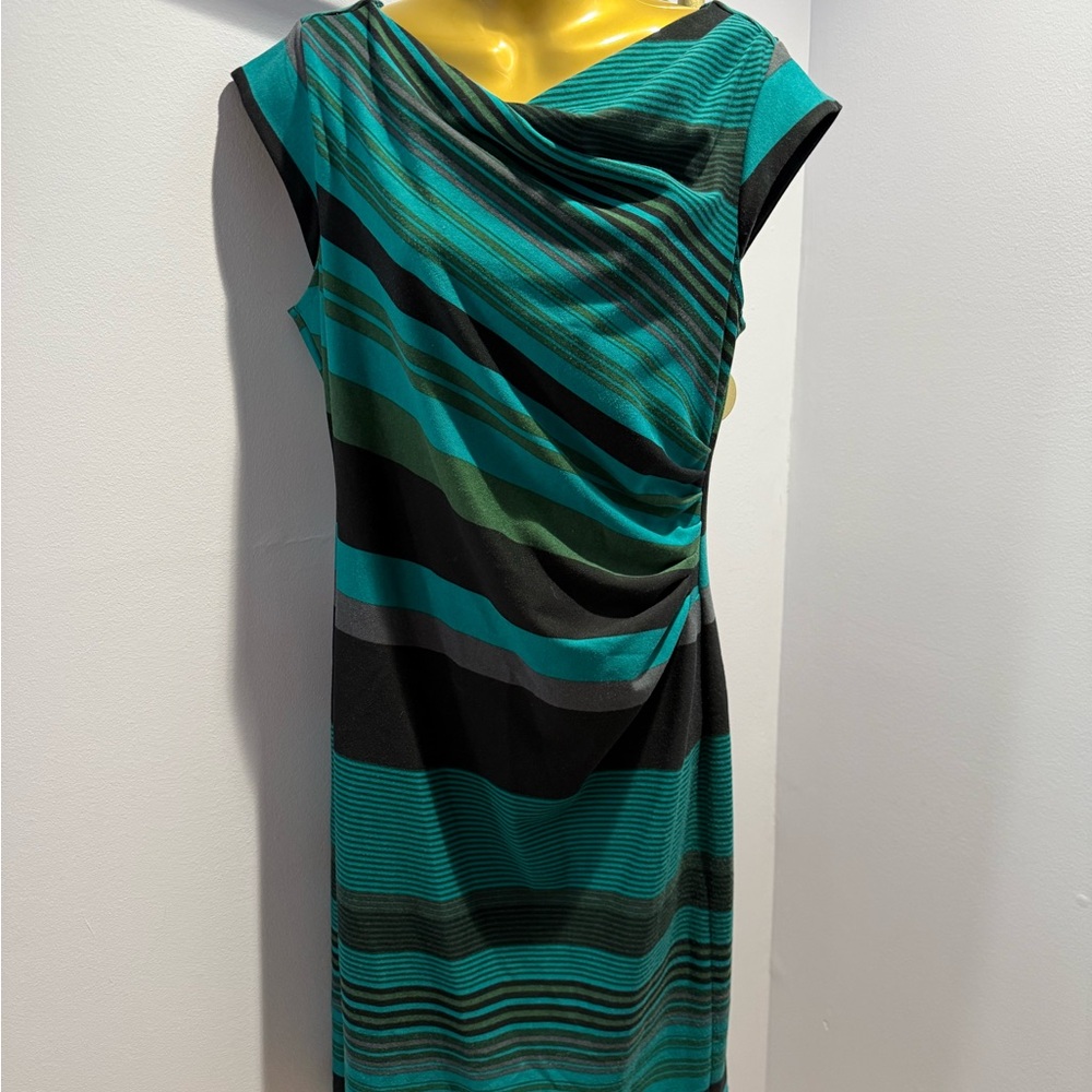 Julian Taylor Teal Black Asymmetrical Dress Colorblock Cocktail Party